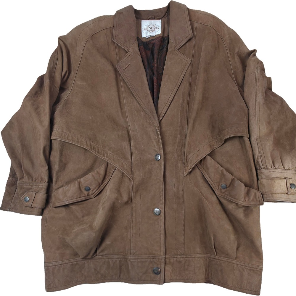 Venezia Suede Leather Jacket Women's Plus Size 18/20 Brown Paisley Lined Snap